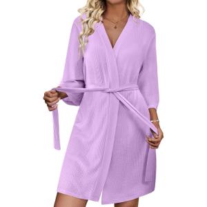 imageEkouaer Waffle Robes for Women Lightweight Knit V Neck 34 Sleeve Kimono Bathrobe with Pockets Soft Sexy Spa Loungewear SXXLDark Purple