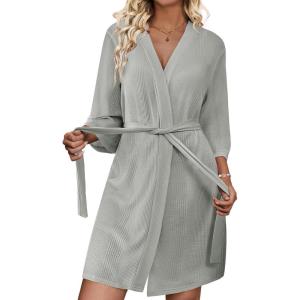 imageEkouaer Waffle Robes for Women Lightweight Knit V Neck 34 Sleeve Kimono Bathrobe with Pockets Soft Sexy Spa Loungewear SXXLLight Grey