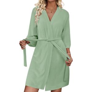 imageEkouaer Waffle Robes for Women Lightweight Knit V Neck 34 Sleeve Kimono Bathrobe with Pockets Soft Sexy Spa Loungewear SXXLMint Green