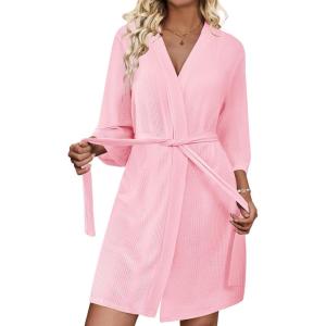 imageEkouaer Waffle Robes for Women Lightweight Knit V Neck 34 Sleeve Kimono Bathrobe with Pockets Soft Sexy Spa Loungewear SXXLMisty Rose