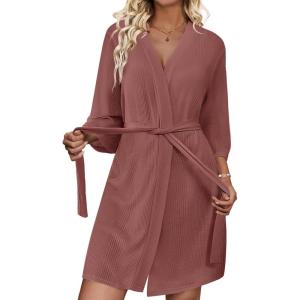 imageEkouaer Waffle Robes for Women Lightweight Knit V Neck 34 Sleeve Kimono Bathrobe with Pockets Soft Sexy Spa Loungewear SXXLPurplish Red