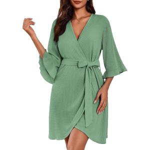 imageEkouaer Women Waffle Robes 34 Sleeve Ruffle Knit Bathrobe Soft Lightweight Knee Length Robe Loungewear SXXLGreen