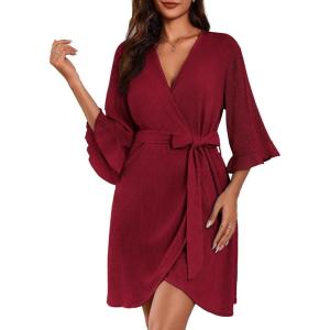 imageEkouaer Women Waffle Robes 34 Sleeve Ruffle Knit Bathrobe Soft Lightweight Knee Length Robe Loungewear SXXLWine Red