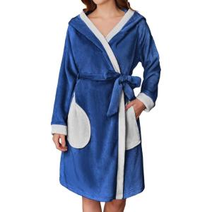 imageEkouaer Womens Robes Knee Length Hooded Bathrobe Cute House Coats with Pockets SXXLNavy Blue
