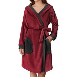 imageEkouaer Womens Robes Knee Length Hooded Bathrobe Cute House Coats with Pockets SXXLWine Red