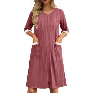 imageEkouaer Womens Zipper Robe 34 Sleeve Ribbed Knit Short Housecoat Lightweight Knee Length Bathrobe with Pockets S3XLGray Purple