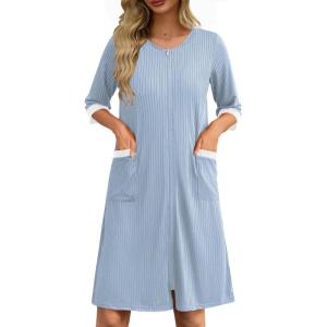 imageEkouaer Womens Zipper Robe 34 Sleeve Ribbed Knit Short Housecoat Lightweight Knee Length Bathrobe with Pockets S3XLLight Blue