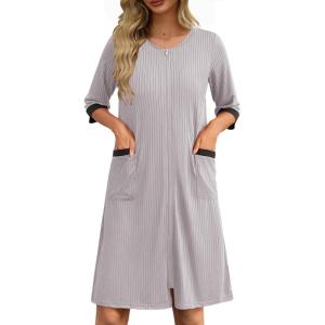 imageEkouaer Womens Zipper Robe 34 Sleeve Ribbed Knit Short Housecoat Lightweight Knee Length Bathrobe with Pockets S3XLLight Gray