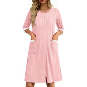 imageEkouaer Womens Zipper Robe 34 Sleeve Ribbed Knit Short Housecoat Lightweight Knee Length Bathrobe with Pockets S3XLLight Pink