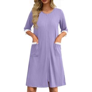 imageEkouaer Womens Zipper Robe 34 Sleeve Ribbed Knit Short Housecoat Lightweight Knee Length Bathrobe with Pockets S3XLLight Purple