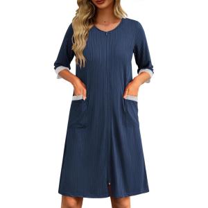 imageEkouaer Womens Zipper Robe 34 Sleeve Ribbed Knit Short Housecoat Lightweight Knee Length Bathrobe with Pockets S3XLNavy Blue