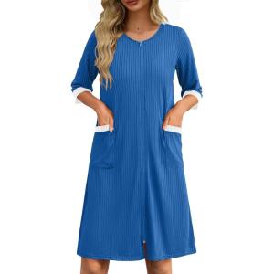 imageEkouaer Womens Zipper Robe 34 Sleeve Ribbed Knit Short Housecoat Lightweight Knee Length Bathrobe with Pockets S3XLRoyal Blue