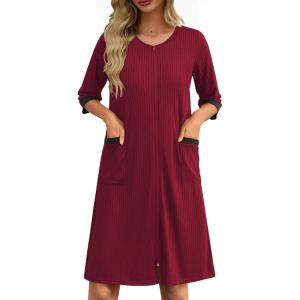 imageEkouaer Womens Zipper Robe 34 Sleeve Ribbed Knit Short Housecoat Lightweight Knee Length Bathrobe with Pockets S3XLWine Red