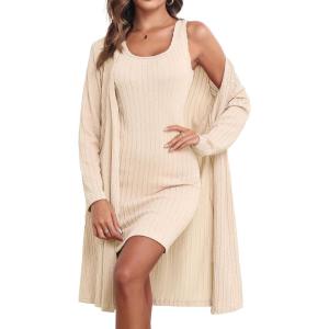 imageEkouaer Robe Sets for Women Sleepwear Rib Knit Bodycon Nightgown with Robes Set 2 Piece Soft Lightweight LoungewearBeige