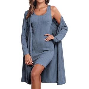 imageEkouaer Robe Sets for Women Sleepwear Rib Knit Bodycon Nightgown with Robes Set 2 Piece Soft Lightweight LoungewearDark Blue