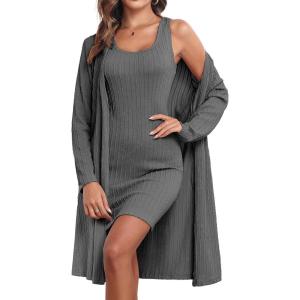 imageEkouaer Robe Sets for Women Sleepwear Rib Knit Bodycon Nightgown with Robes Set 2 Piece Soft Lightweight LoungewearDark Gray