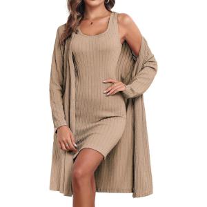 imageEkouaer Robe Sets for Women Sleepwear Rib Knit Bodycon Nightgown with Robes Set 2 Piece Soft Lightweight LoungewearKhaki