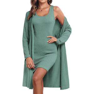 imageEkouaer Robe Sets for Women Sleepwear Rib Knit Bodycon Nightgown with Robes Set 2 Piece Soft Lightweight LoungewearMint Green