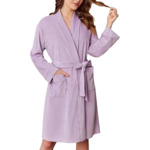 imageEkouaer Women Robe Short Velour Bathrobe Knee Length Warm Plush Robe Long Sleeve Lounge RobeLight Purple