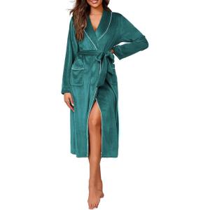 imageEkouaer Womens Robe Long Velvet Bathrobe Fuzzy Soft Warm HouseCoat with Pockets Plush Shawl Collar Full Length SleepwearPeacock Blue