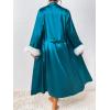 imageEkouaer Womens Silk Robes Feather Trim Bride Bridesmaid Kimono Satin Bathrobe Long Sexy Silky Sleepwear with 34 SleeveTeal Green