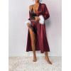 imageEkouaer Womens Silk Robes Feather Trim Bride Bridesmaid Kimono Satin Bathrobe Long Sexy Silky Sleepwear with 34 SleeveWine Red