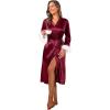 imageEkouaer Womens Silk Robes Feather Trim Bride Bridesmaid Kimono Satin Bathrobe Long Sexy Silky Sleepwear with 34 SleeveWine Red