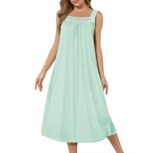 imageEkouaer Nightgowns for Women Long Sleeveless Night Gown Embroidery Sleepdress Ladies Nightdress Victorian NightyGreen