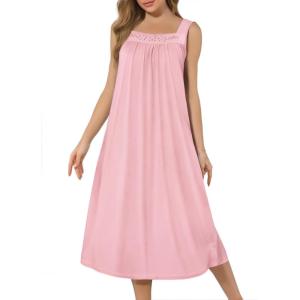 imageEkouaer Nightgowns for Women Long Sleeveless Night Gown Embroidery Sleepdress Ladies Nightdress Victorian NightyPink