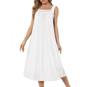 imageEkouaer Nightgowns for Women Long Sleeveless Night Gown Embroidery Sleepdress Ladies Nightdress Victorian NightyWhite