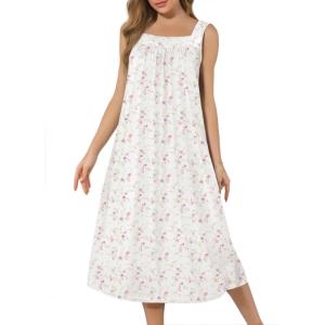 imageEkouaer Nightgowns for Women Long Sleeveless Night Gown Embroidery Sleepdress Ladies Nightdress Victorian NightyWhite Flower