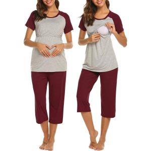 imageEkouaer Nursing Pajamas Set for Women Black Capri Maternity Pajama Set Raglan Short Sleeve Nursing Pajamas OutfitsWine Red