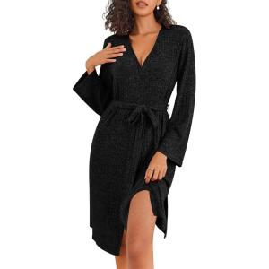 imageEkouaer Robe for Women Ribbed Knit Bathrobe Soft Knee Length Kimono Robes Ladies Sleepwear with Pockets SXXLBlack