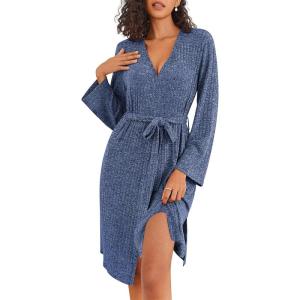 imageEkouaer Robe for Women Ribbed Knit Bathrobe Soft Knee Length Kimono Robes Ladies Sleepwear with Pockets SXXLBlue