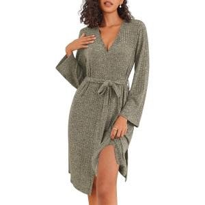 imageEkouaer Robe for Women Ribbed Knit Bathrobe Soft Knee Length Kimono Robes Ladies Sleepwear with Pockets SXXLBrown