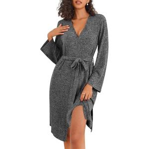 imageEkouaer Robe for Women Ribbed Knit Bathrobe Soft Knee Length Kimono Robes Ladies Sleepwear with Pockets SXXLDark Gray