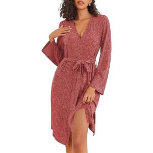 imageEkouaer Robe for Women Ribbed Knit Bathrobe Soft Knee Length Kimono Robes Ladies Sleepwear with Pockets SXXLDark Red
