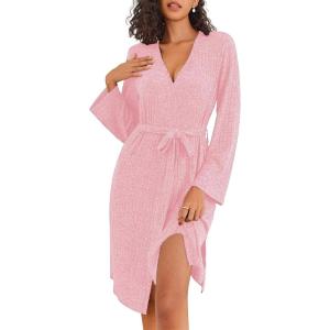 imageEkouaer Robe for Women Ribbed Knit Bathrobe Soft Knee Length Kimono Robes Ladies Sleepwear with Pockets SXXLPink