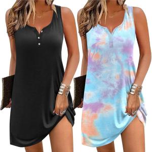 imageEkouaer Tank Nightgowns for Women 2 Pack Sexy Night Gown Sleeveless Sleepwear Soft Sleep Dress Button SleepshirtBlackblue Tiedye