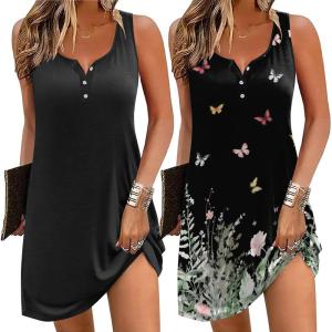imageEkouaer Tank Nightgowns for Women 2 Pack Sexy Night Gown Sleeveless Sleepwear Soft Sleep Dress Button SleepshirtBlackfloral Black