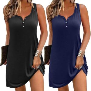 imageEkouaer Tank Nightgowns for Women 2 Pack Sexy Night Gown Sleeveless Sleepwear Soft Sleep Dress Button SleepshirtBlacknavy Blue