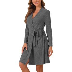 imageEkouaer Women Robe Ribbed Knit Soft Bathrobe Knee Length Robes Stretchy Short Sleepwear with PocketsDark Grey