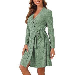 imageEkouaer Women Robe Ribbed Knit Soft Bathrobe Knee Length Robes Stretchy Short Sleepwear with PocketsGreen
