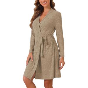 imageEkouaer Women Robe Ribbed Knit Soft Bathrobe Knee Length Robes Stretchy Short Sleepwear with PocketsKhaki
