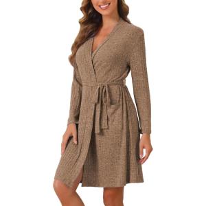 imageEkouaer Women Robe Ribbed Knit Soft Bathrobe Knee Length Robes Stretchy Short Sleepwear with PocketsMocha Brown