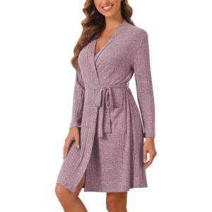 imageEkouaer Women Robe Ribbed Knit Soft Bathrobe Knee Length Robes Stretchy Short Sleepwear with PocketsPurple