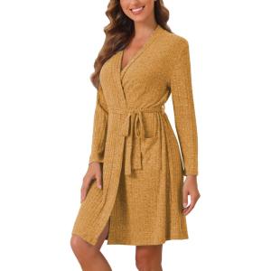 imageEkouaer Women Robe Ribbed Knit Soft Bathrobe Knee Length Robes Stretchy Short Sleepwear with PocketsYellow