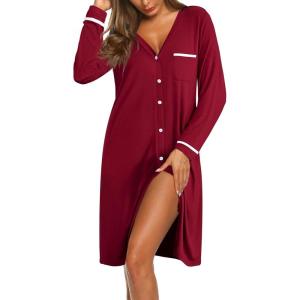 imageEkouaer Womens Nightgown VNeck Sleepwear Long Slevee Button Down NightshirtWine Red
