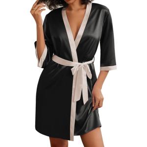 imageEkouaer Womens Satin Robes Silk Kimono Bathrobe 34 Sleeve Bridal Bridesmaids Robes Soft Silky Sleepwear SXXLBlack
