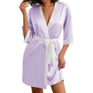 imageEkouaer Womens Satin Robes Silk Kimono Bathrobe 34 Sleeve Bridal Bridesmaids Robes Soft Silky Sleepwear SXXLLavender